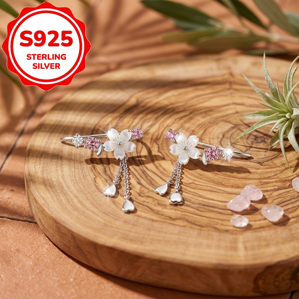 2pcs Women's S925 Sterling Silver Cherry Blossom Tassel Earrings